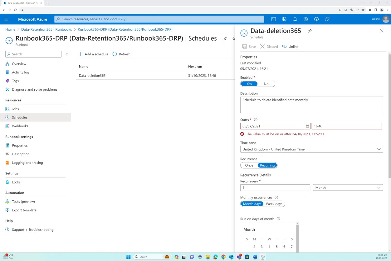 Azure Data retention settings.