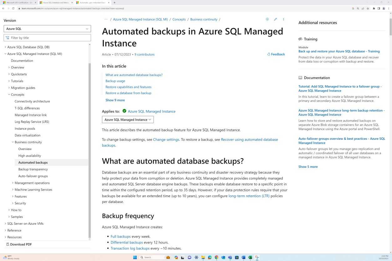 learn.microsoft.com Azure SQL policy document.