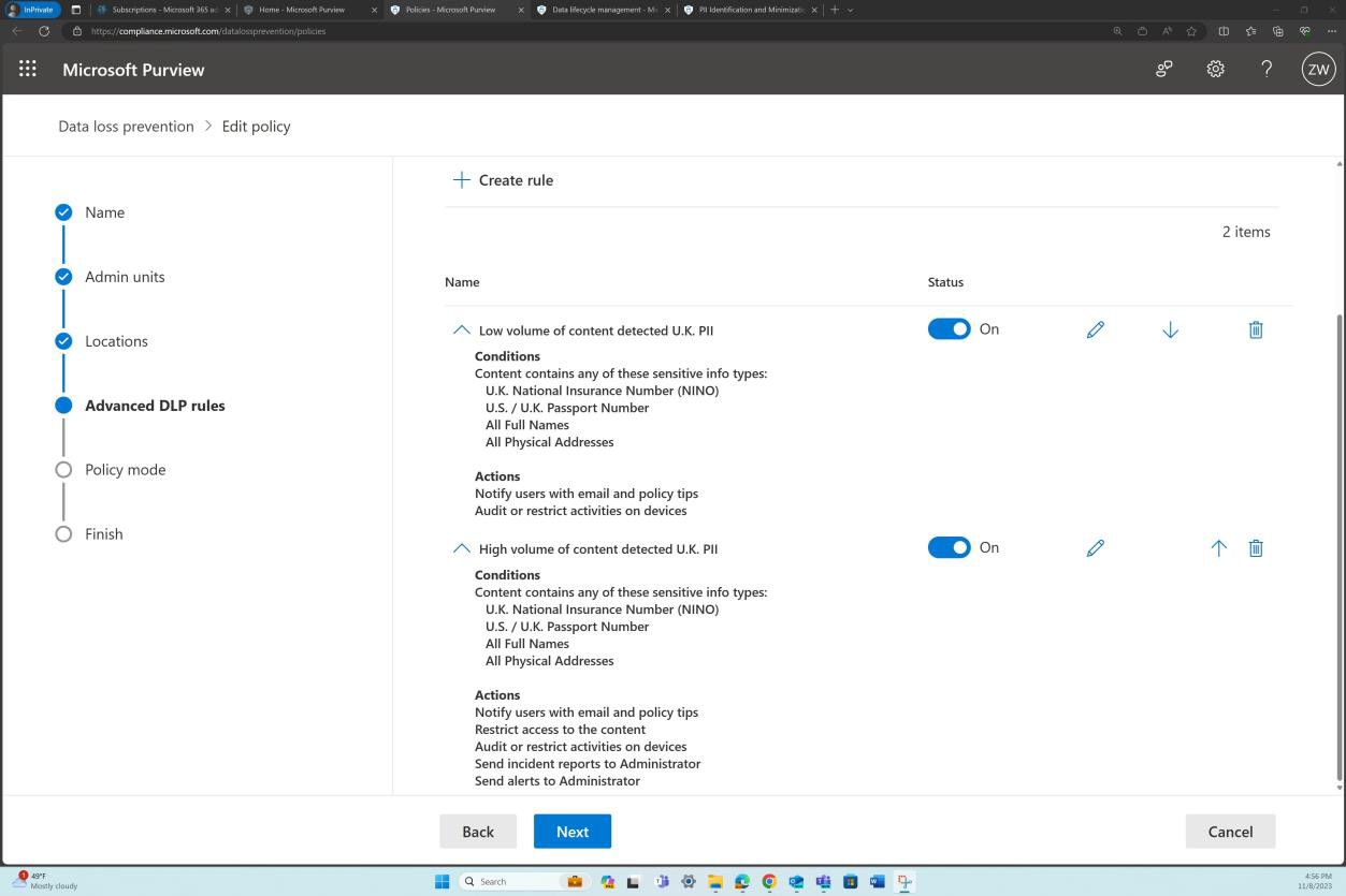 Microsoft Purview policies settings.