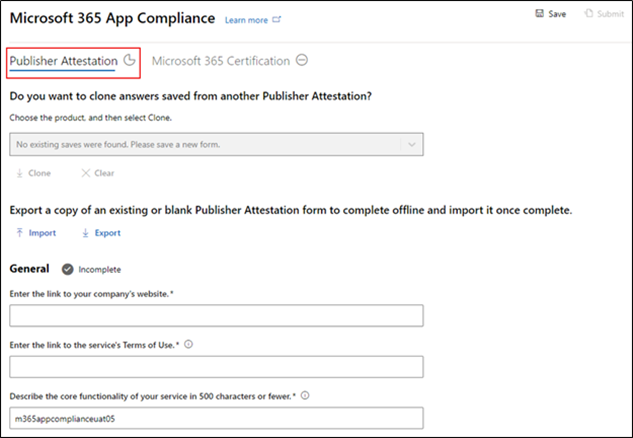 Screenshot showing the Publisher Attestation form.