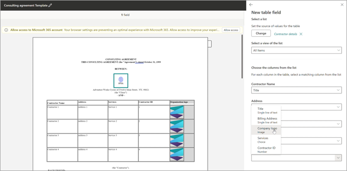 Screenshot of the template viewer showing how to map all the table columns with the list columns.