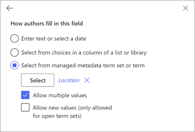 Screenshot of the New field panel showing the associated term set or term.