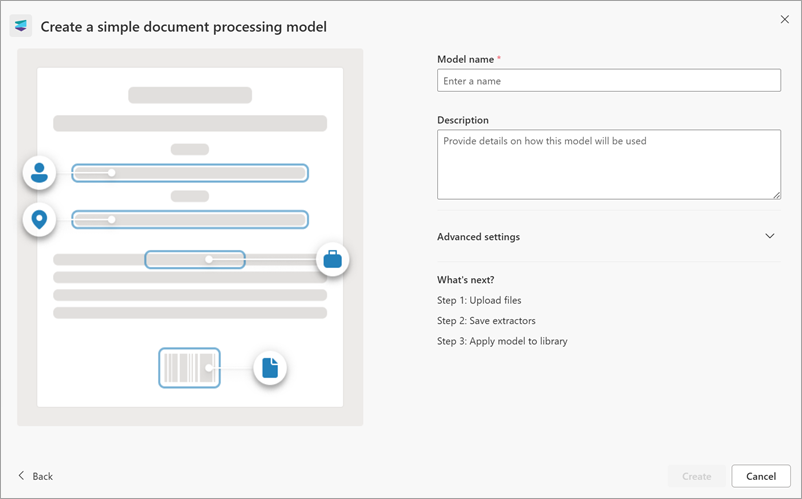 Screenshot of the right panel of the Create a simple document processing model page.