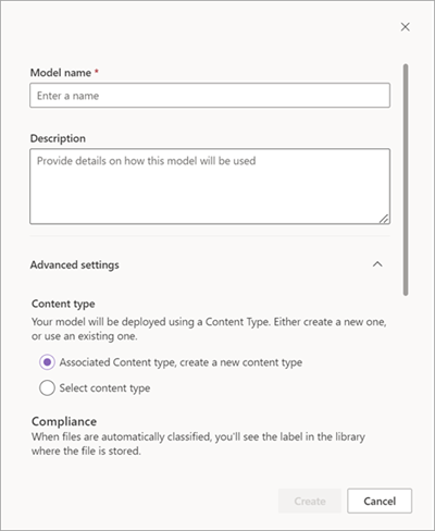 Screenshot of the right panel of the Create a model with the teaching method  page.