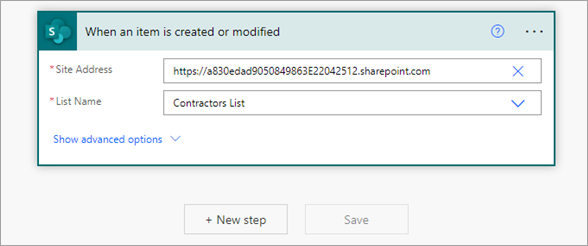 Screenshot of the When a document is created or modified trigger showing a sample site address and site name.