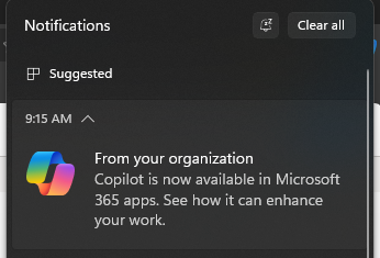 Screenshot showing the notification pop-up for Copilot.
