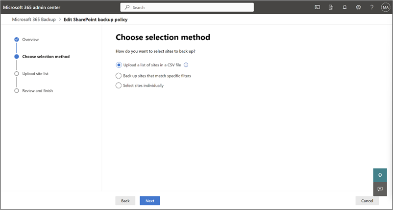 Screenshot of the Choose selection method page for SharePoint.