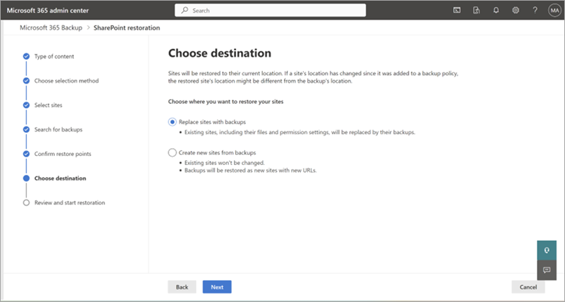 Screenshot showing the Select destination page and options for SharePoint.