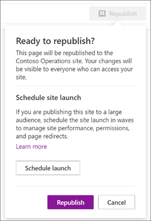 Image of the prompt to use the portal launch scheduler when republishing the home page.