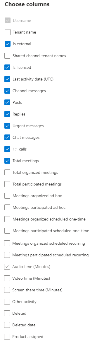 Teams user activity report - choose columns.