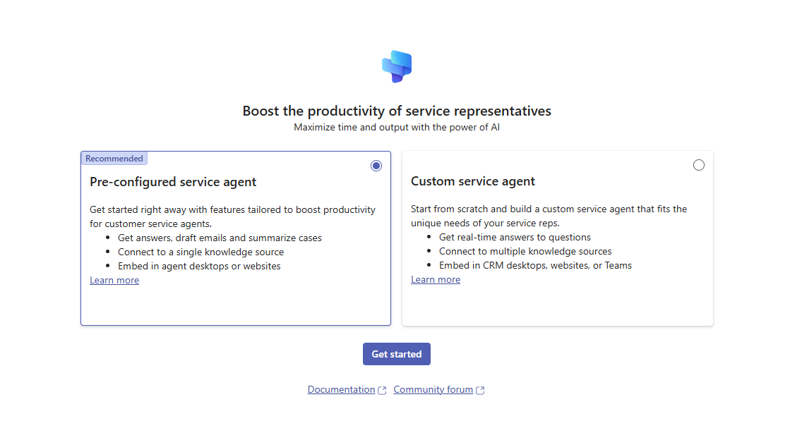 Screenshot that shows the Copilot for Service get started options.