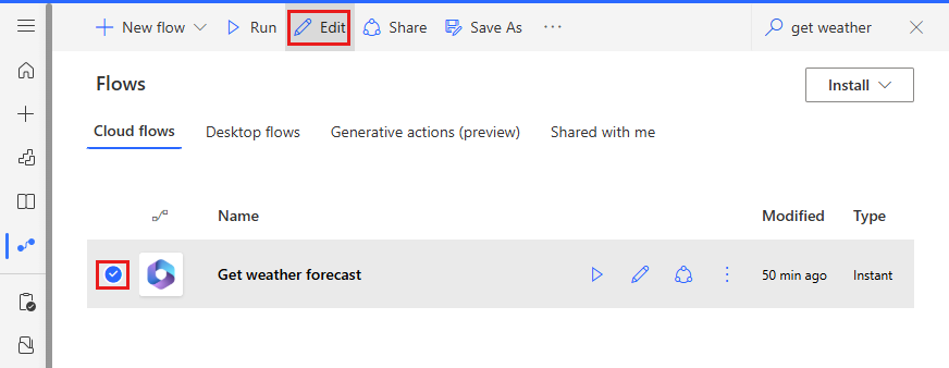 Screenshot of the Get weather forecast flow in the Default Solution.