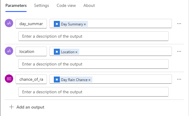 Screenshot of dynamic variables as output parameters for the response action.