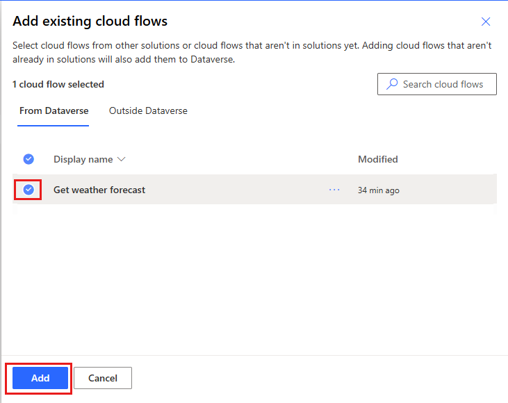 Screenshot of existing flows you can add to a solution.