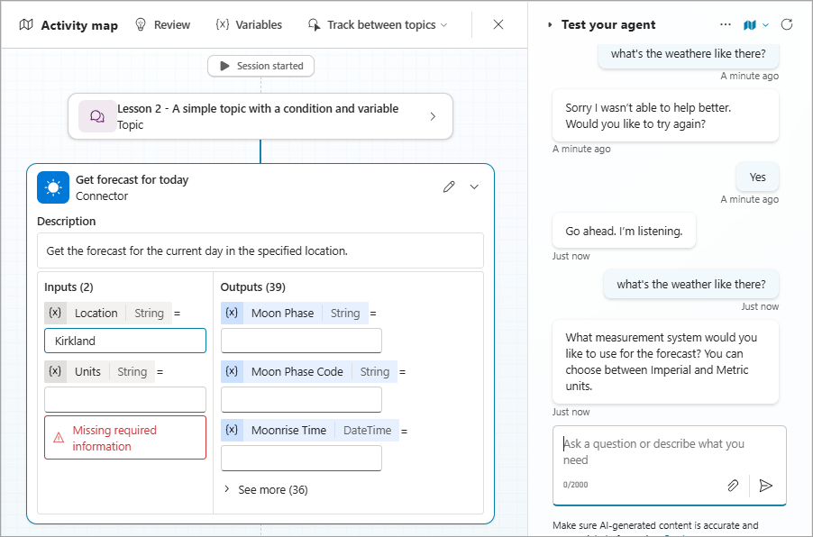 Screenshot of example 3, showing the conversation history and the weather action on the activity map.