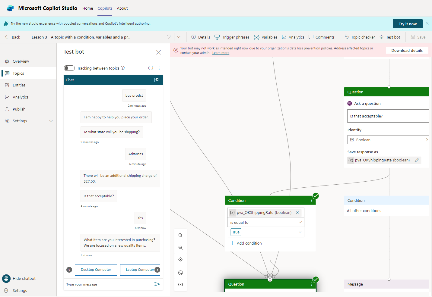 Select any response in the conversation to see the authoring canvas highlighted to that response.