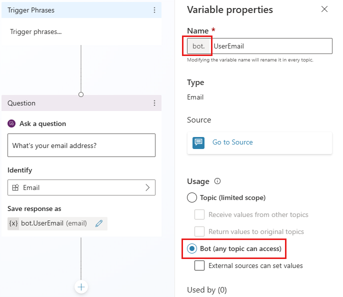 Screenshot showing the Variable Properties panel, with the Usage section highlighted