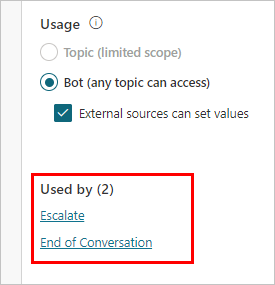 Screenshot from the Variable properties panel showing a list of topics that use a global variable.