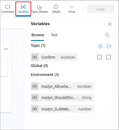 Screenshot of the Variables pane in the Copilot Studio authoring canvas, with the Variables button highlighted.