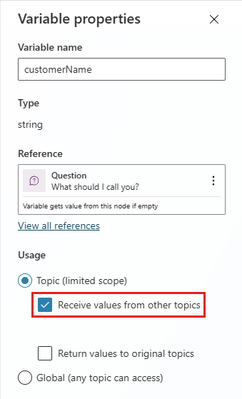 Screenshot of the 'Variable properties' panel showing the customerName variable and its properties.