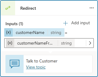 Screenshot of the completed Redirect node in the Greeting topic.