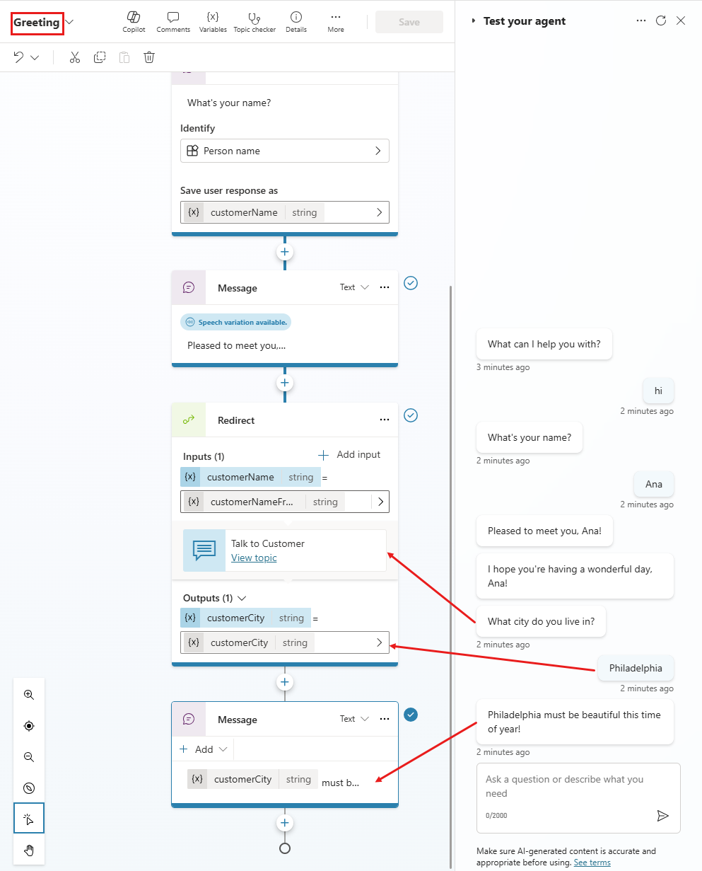 Screenshot of the Greeting topic conversation flow with a returned variable in a Redirect node.