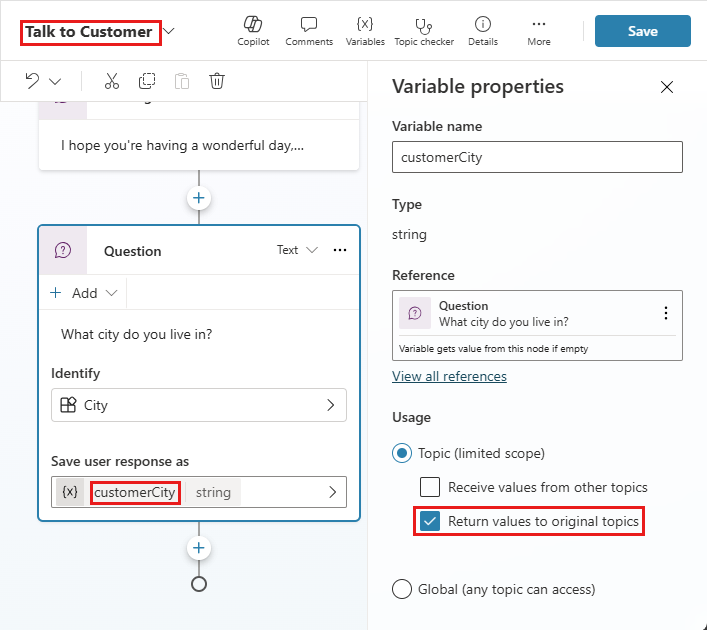 Screenshot of the Talk to Customer topic with the customerCity variable and its properties highlighted.