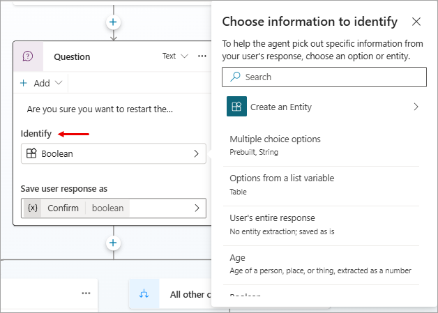 Screenshot of a Question node with the 'Choose information to identify' panel open.