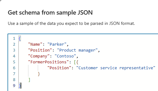 Screenshot showing Get schema from sample JSON.