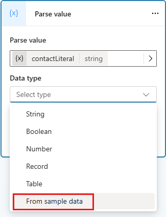 Screenshot showing selection of data type for a Parse value node.