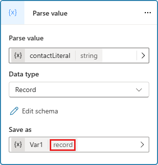 Screenshot showing the target variable for the parsed data has the desired type: Record.