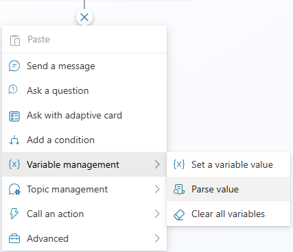 Screenshot of the menu to add a node, selecting Variable management, then Parse value.