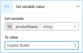 Screenshot showing the use of a literal value for a variable input parameter named productName.