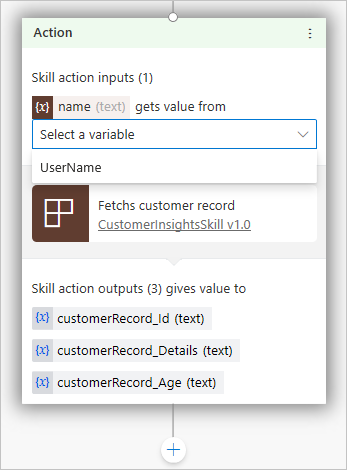 Screenshot of an Action node with input and output parameters for a skill action.