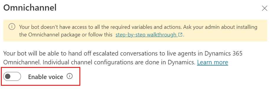 Screenshot of the Copilot Studio Dynamics 365 section with the **Enable voice** toggle highlighted.