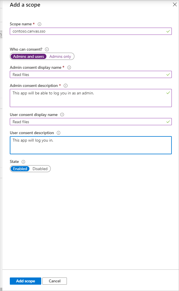 Screenshot showing the Add scope blade.