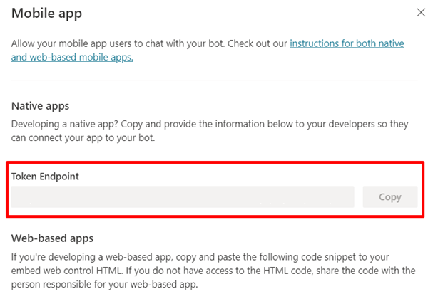 Screenshot of copying the token endpoint URL in Copilot Studio.