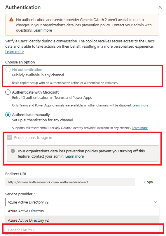 Screenshot of the authentication configuration panel with the 'Authenticate manually' option highlighted.