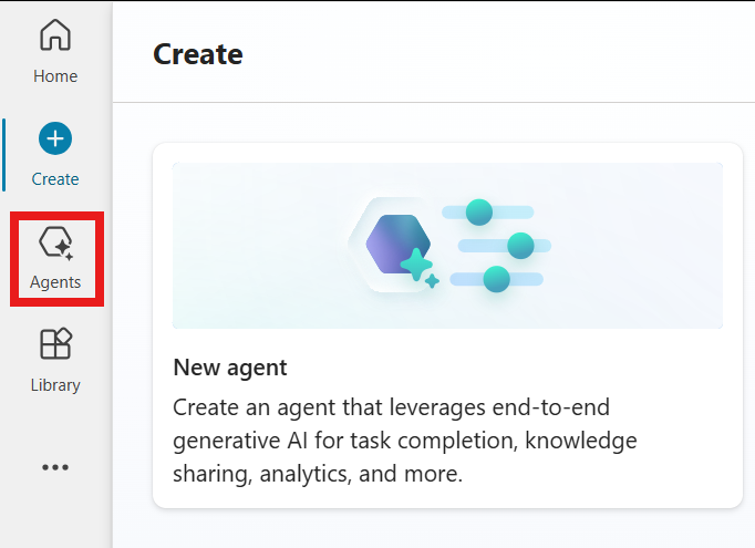 Screenshot of the Create button location on the Copilot Studio Home page.