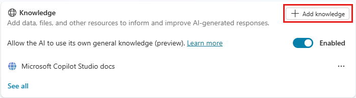 Screenshot of the location of the Add knowledge button on the Overview page.