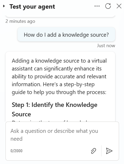 Screenshot of a test question in the Test your agent chat.