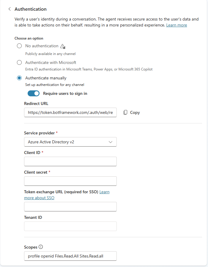 Screenshot showing Copilot Studio authentication settings.