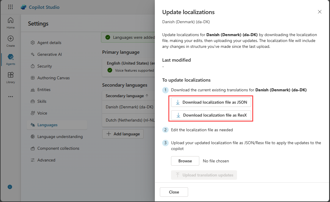 Screen showing pane to download and upload localization files.