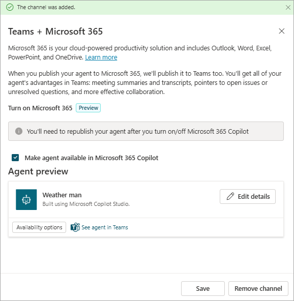 Screenshot of the configuration panel for the Teams + Microsoft 365 channel, in its initial state, showing checkbox to make agent available in Microsoft 365 Copilot.