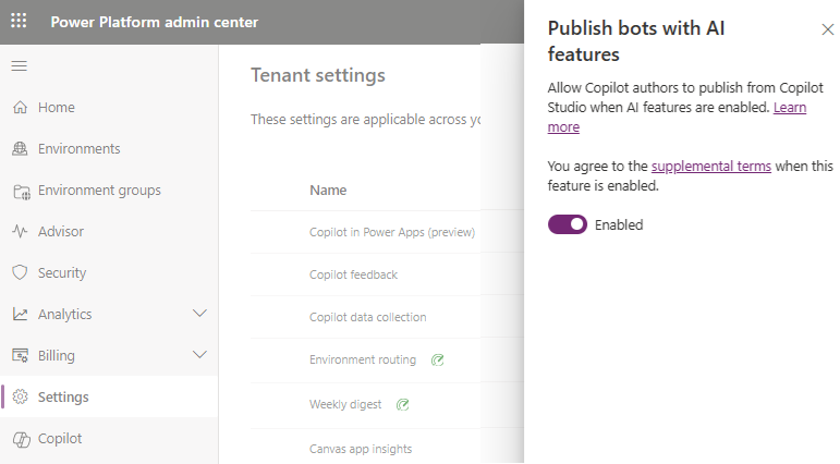 Screenshot of the Power Platform admin center showing the option to turn off the ability to publish agents that use generative AI features.