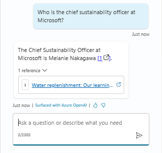 Screenshot showing a test of asking the agent who Microsoft's chief sustainability officer is in Sustainability Insights.