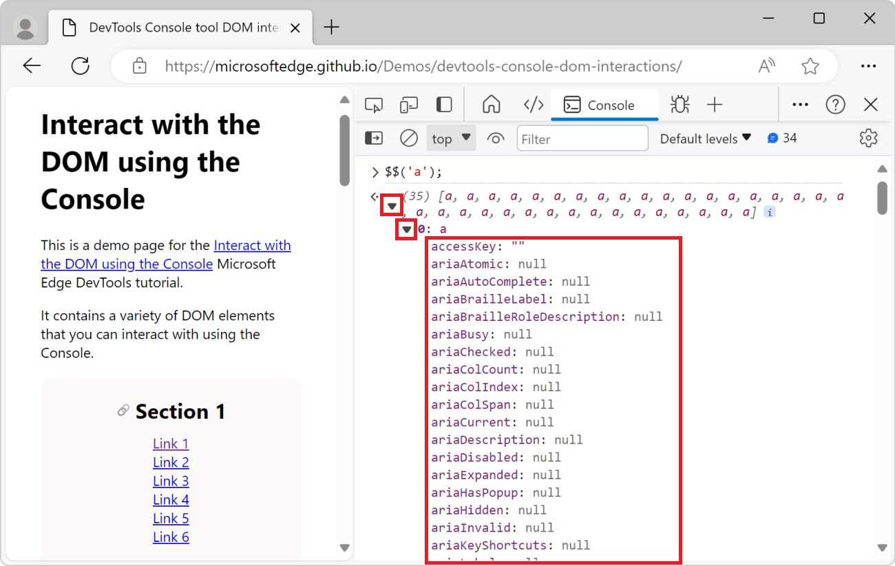 Expanding the first element in the array, its properties are displayed