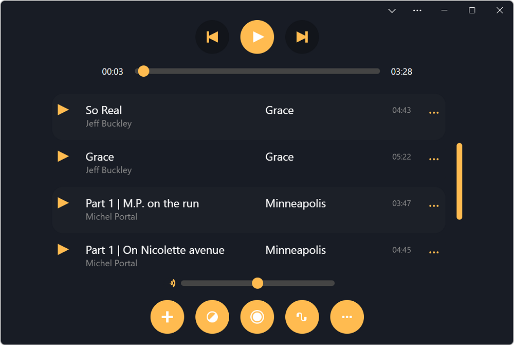 The PWAmp app, showing playback buttons and a list of songs