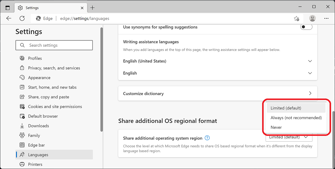 The 'Share additional OS regional format' menu with the Limited (default) option selected