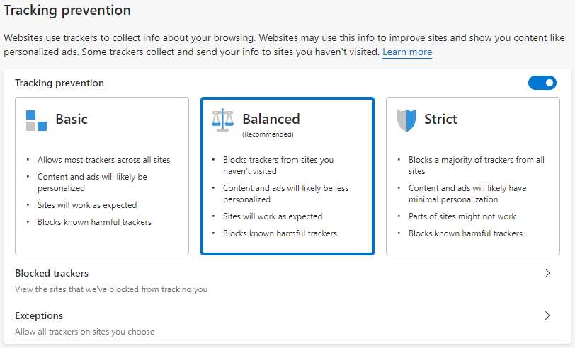 Three settings of tracking prevention